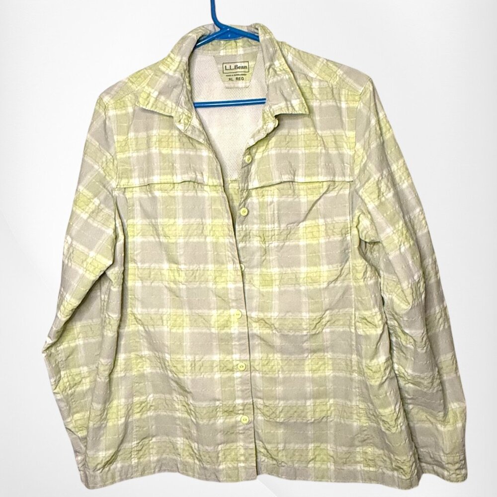 LL Bean Women's Yellow Grey Vented Fishing Hiking Outdoor Long Sleeve Shirt XL